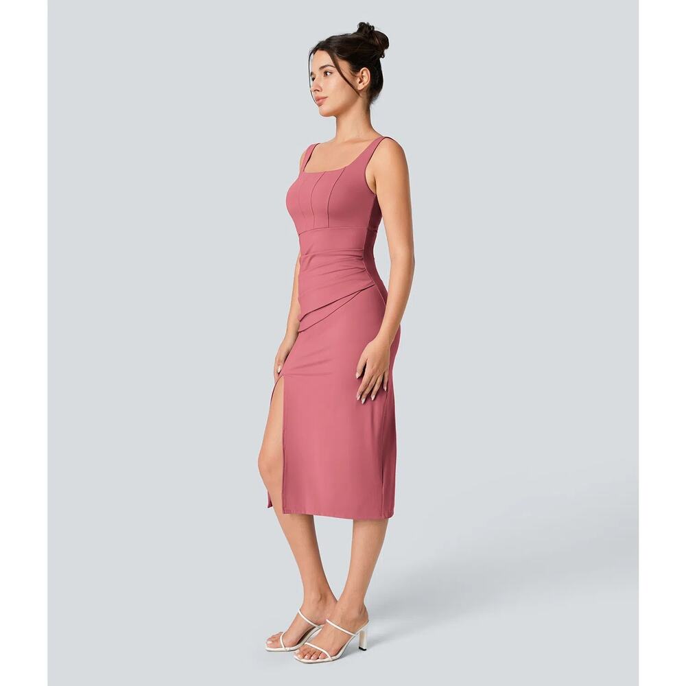 NWT HALARA Softlyzero Airy Square Neck Corset Ruched Bodycon Midi Dress Size M - Picture 3 of 8